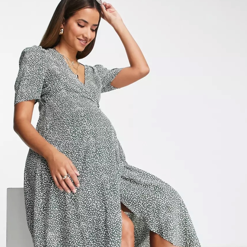 Missguided Maternity printed wrap midi dress with dipped hem in green